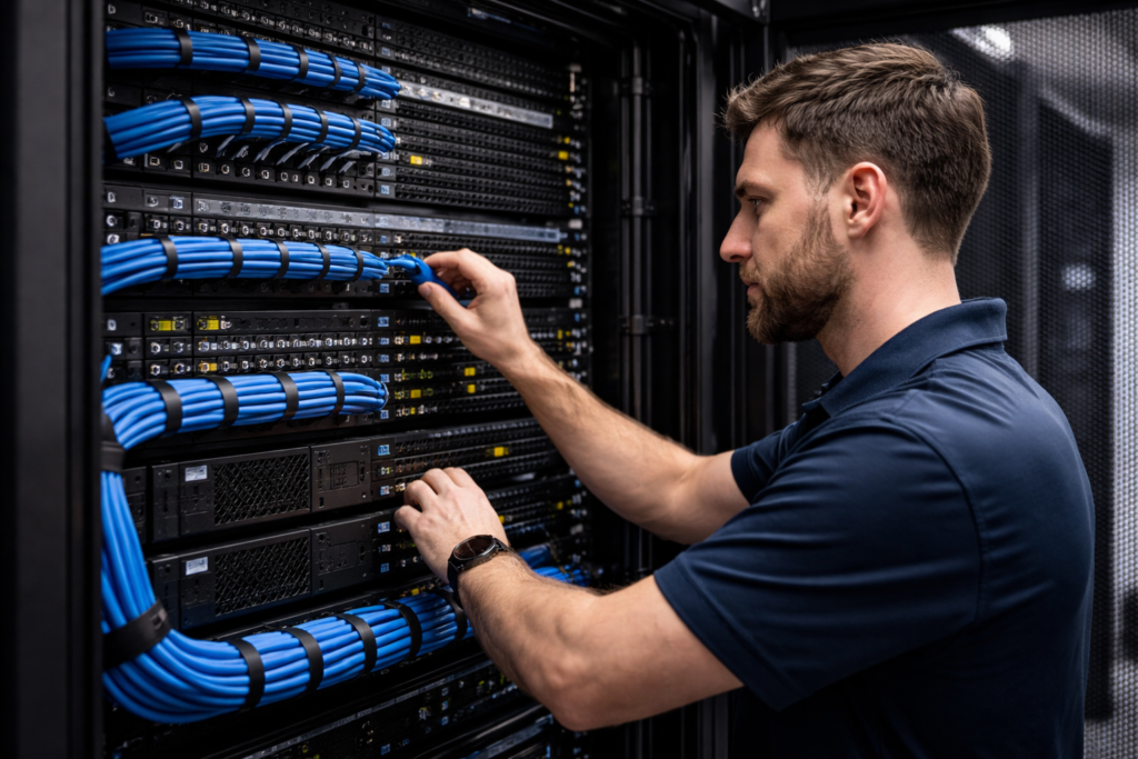 IT professional connecting network cables IT Professional working on data rack